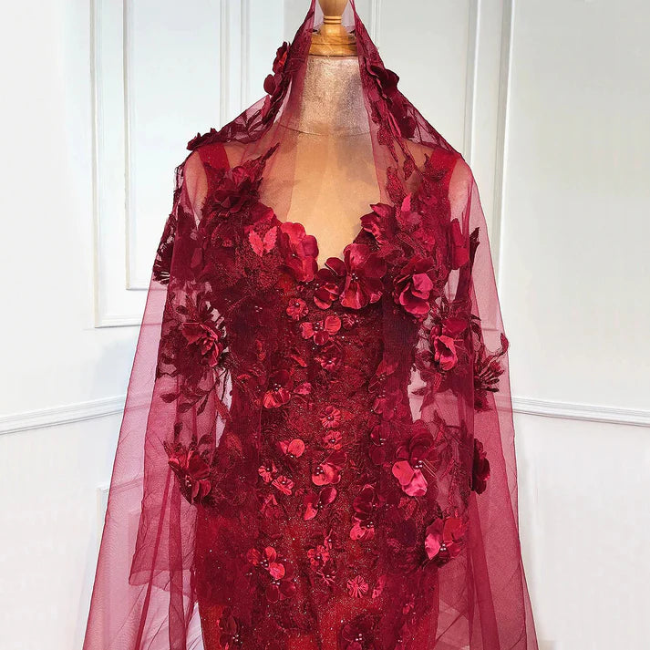 Luxurious Mermaid V Neck Appliques Sequins Red Satin Ball Gown Prom Dress DP1386