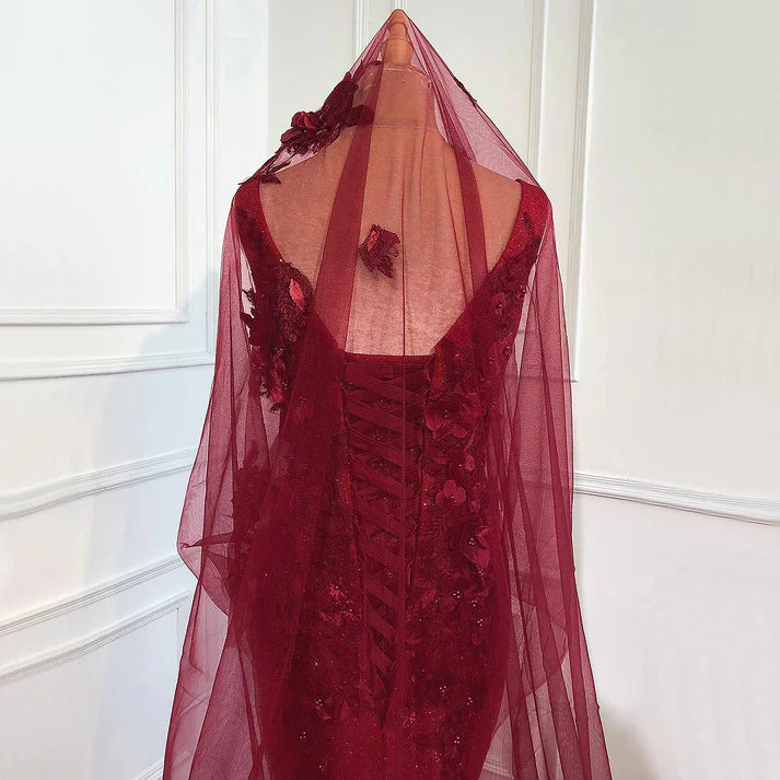 Luxurious Mermaid V Neck Appliques Sequins Red Satin Ball Gown Prom Dress DP1386