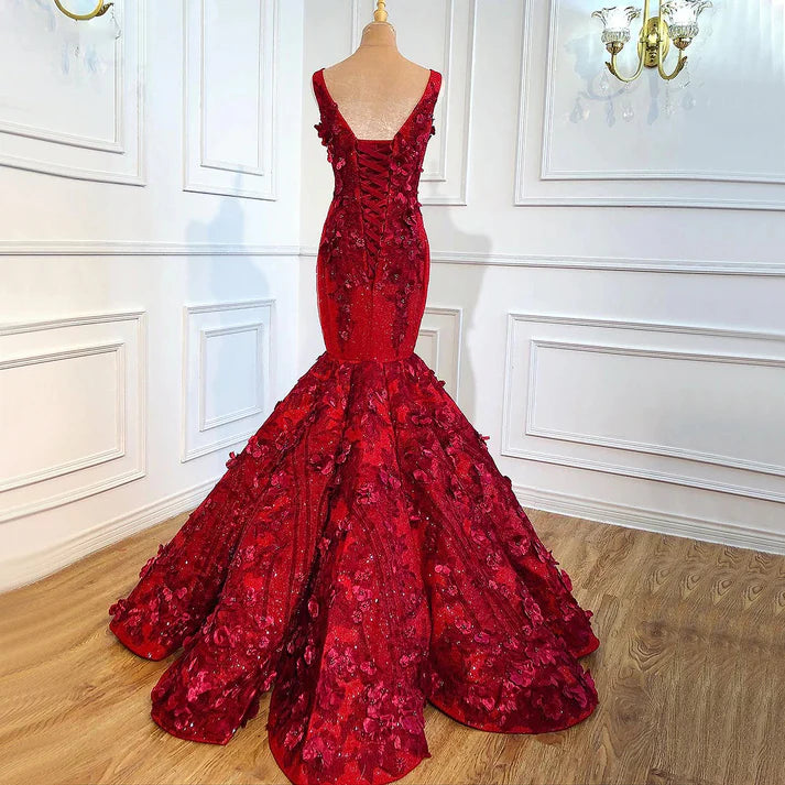 Luxurious Mermaid V Neck Appliques Sequins Red Satin Ball Gown Prom Dress DP1386