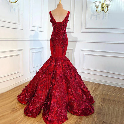Luxurious Mermaid V Neck Appliques Sequins Red Satin Ball Gown Prom Dress DP1386