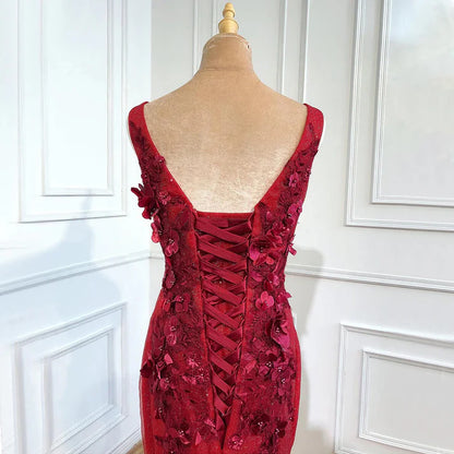 Luxurious Mermaid V Neck Appliques Sequins Red Satin Ball Gown Prom Dress DP1386