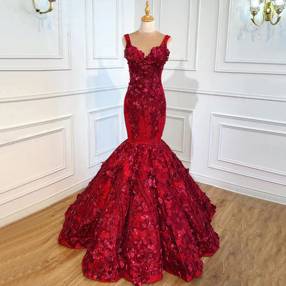 Luxurious Mermaid V Neck Appliques Sequins Red Satin Ball Gown Prom Dress DP1386