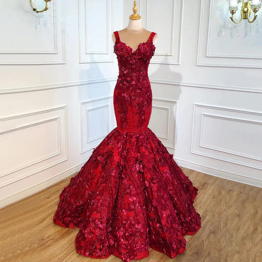 Luxurious Mermaid V Neck Appliques Sequins Red Satin Ball Gown Prom Dress DP1386