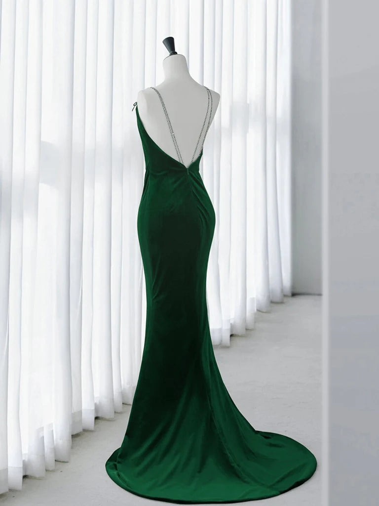 Green Mermaid Velvet Backless Long Prom Dress Evening Dress DP1155