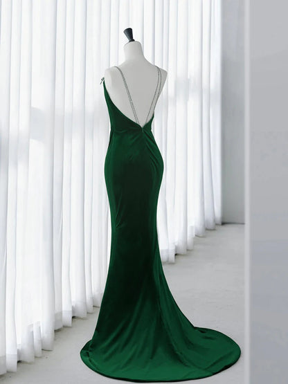 Green Mermaid Velvet Backless Long Prom Dress Evening Dress DP1155