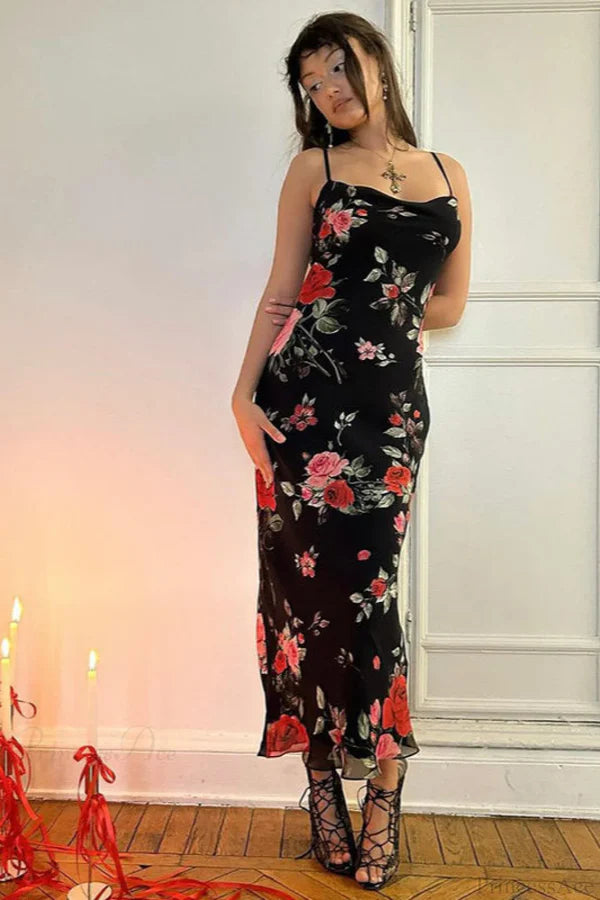 Black Sheath Spaghetti Strap Printed Flowy Chiffon Prom Dress Evening Dress DP5582