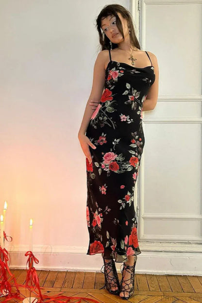 Black Sheath Spaghetti Strap Printed Flowy Chiffon Prom Dress Evening Dress DP5582