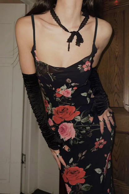 Black Sheath Spaghetti Strap Printed Flowy Chiffon Prom Dress Evening Dress DP5582