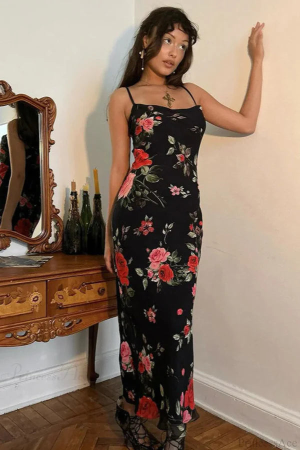Black Sheath Spaghetti Strap Printed Flowy Chiffon Prom Dress Evening Dress DP5582