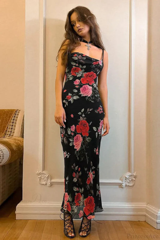 Black Sheath Spaghetti Strap Printed Flowy Chiffon Prom Dress Evening Dress DP5582