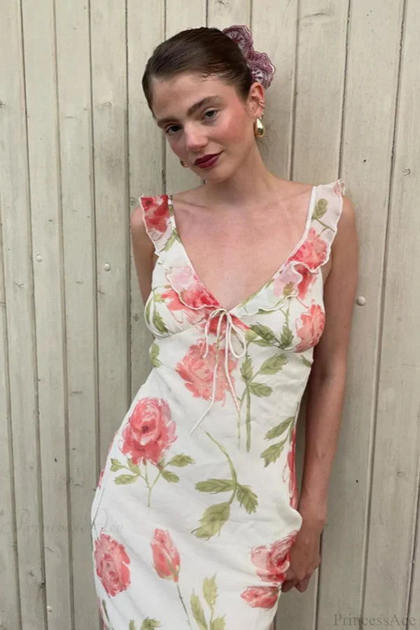 Romantic Sheath V Neck Pink Printed Flowy Chiffon Prom Dress Evening Dress DP5583