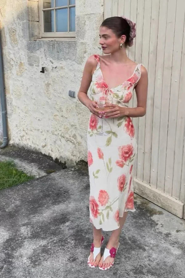 Romantic Sheath V Neck Pink Printed Flowy Chiffon Prom Dress Evening Dress DP5583