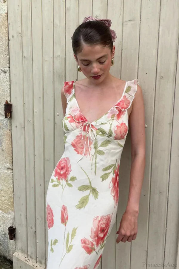 Romantic Sheath V Neck Pink Printed Flowy Chiffon Prom Dress Evening Dress DP5583