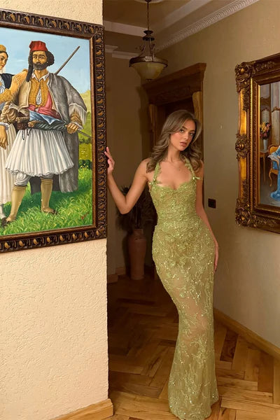 Green Sheath Halter Sequin Beaded Lace Backless Prom Dress Evening Dress DP5978