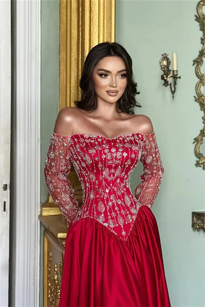 Romantic Red A Line Long Sleeves Beaded Satin Prom Dresses Evening Dress DP5970