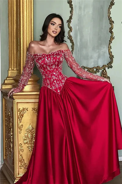 Romantic Red A Line Long Sleeves Beaded Satin Prom Dresses Evening Dress DP5970