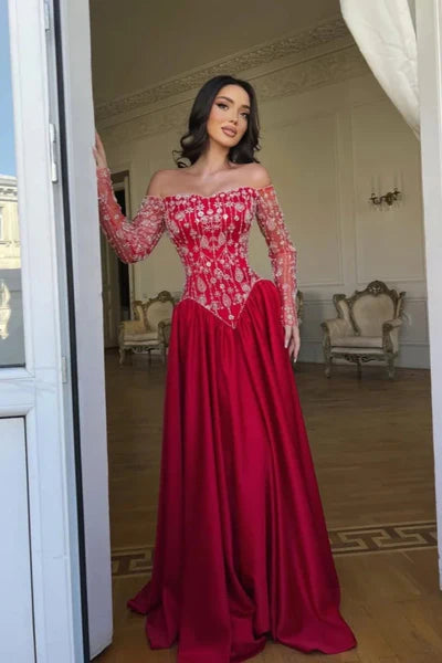 Romantic Red A Line Long Sleeves Beaded Satin Prom Dresses Evening Dress DP5970