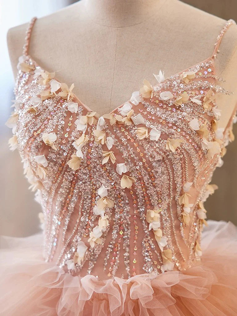 V Neck Tulle Sequin Orange Pink Long Prom Dress Evening Dress DP1083