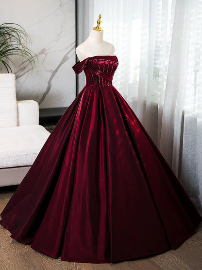 A Line Off-the-shoulder Satin Burgundy Long Prom Dress Evening Dress with Beads DP1045
