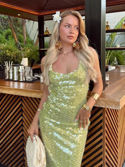 Shiny Green Sheath Spaghetti Straps Sequin Backless Prom Dress Evening Dress DP5590