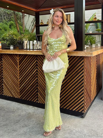 Shiny Green Sheath Spaghetti Straps Sequin Backless Prom Dress Evening Dress DP5590