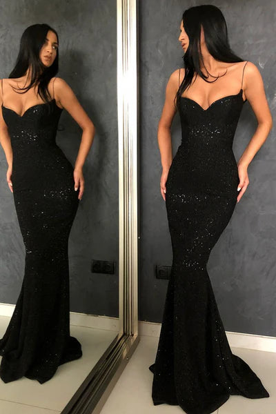 Sexy Black Mermaid Spaghetti Straps Sequins Prom Dress  DP5957