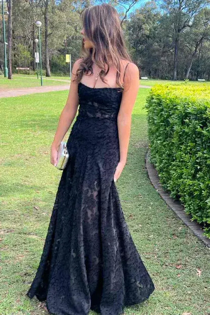 Sexy Black Mermaid Spaghetti Strap Lace Evening Dress Prom Dress DP7642