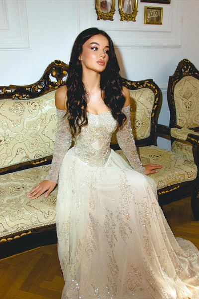 Shiny Apricot A Line Long Sleeve Sequin Chiffon Prom Dress Evening Dress DP5976