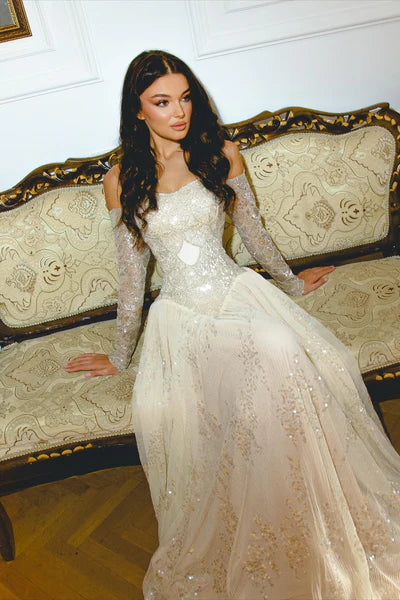 Shiny Apricot A Line Long Sleeve Sequin Chiffon Prom Dress Evening Dress DP5976