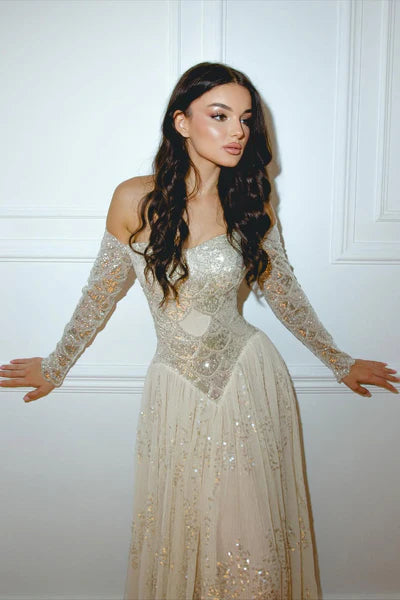 Shiny Apricot A Line Long Sleeve Sequin Chiffon Prom Dress Evening Dress DP5976