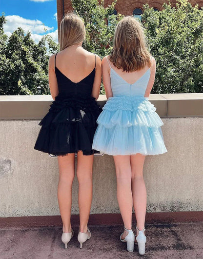 A Line Deep V Neck Tiered Tulle Short Homecoming Dress DP1067