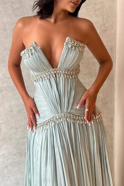 Baby Blue A Line V Neck Rhinestone Pleated Satin Long Prom Dress Evening Dress DP5974