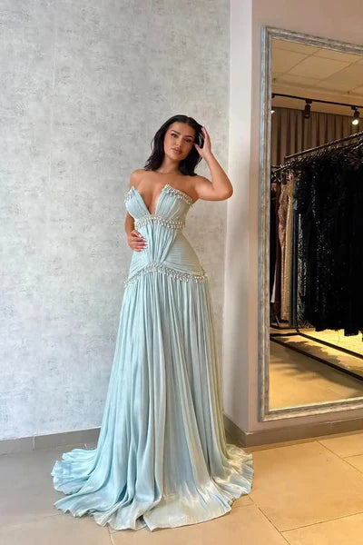 Baby Blue A Line V Neck Rhinestone Pleated Satin Long Prom Dress Evening Dress DP5974