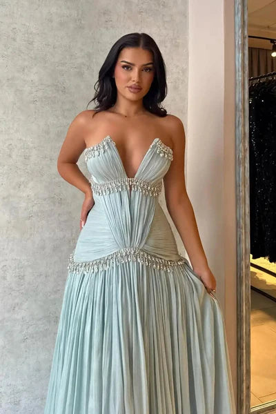 Baby Blue A Line V Neck Rhinestone Pleated Satin Long Prom Dress Evening Dress DP5974