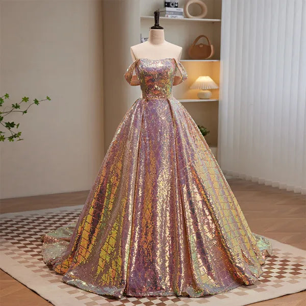 Sparkly Sexy Rose Gold Ball Gown Off-the-shoulder Sequins Prom Dresses DP835