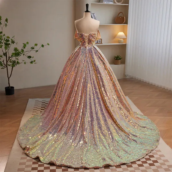 Sparkly Sexy Rose Gold Ball Gown Off-the-shoulder Sequins Prom Dresses DP835