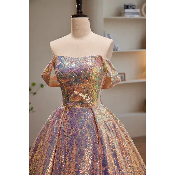 Sparkly Sexy Rose Gold Ball Gown Off-the-shoulder Sequins Prom Dresses DP835