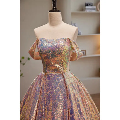 Sparkly Sexy Rose Gold Ball Gown Off-the-shoulder Sequins Prom Dresses DP835