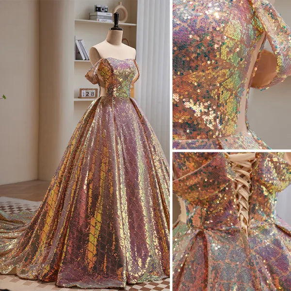 Sparkly Sexy Rose Gold Ball Gown Off-the-shoulder Sequins Prom Dresses DP835