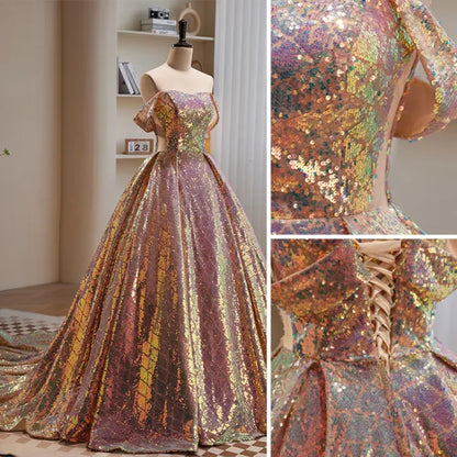 Sparkly Sexy Rose Gold Ball Gown Off-the-shoulder Sequins Prom Dresses DP835