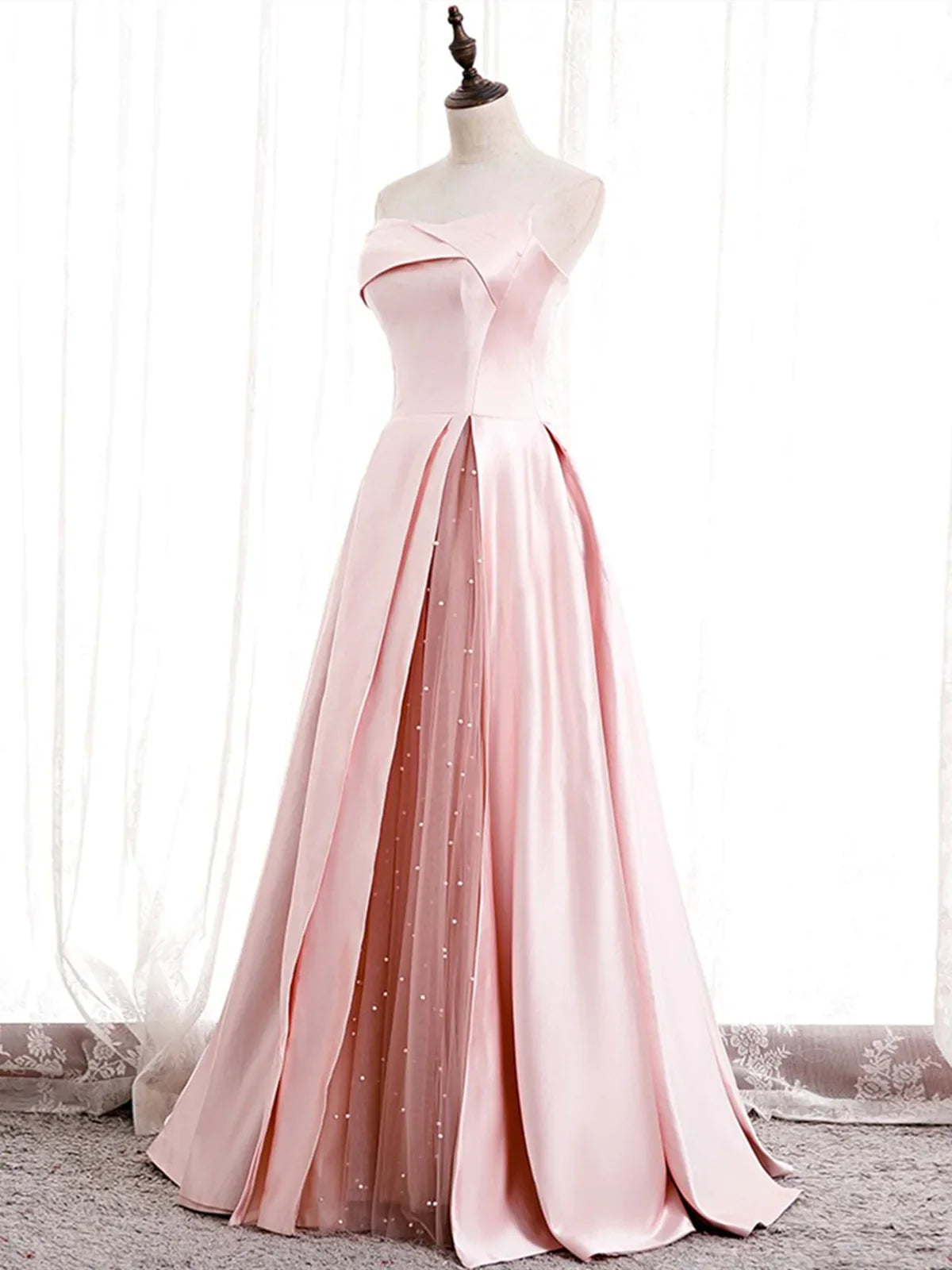 Elegant A Line Strapless Pink Satin Long Prom Dress Party Dress DP977