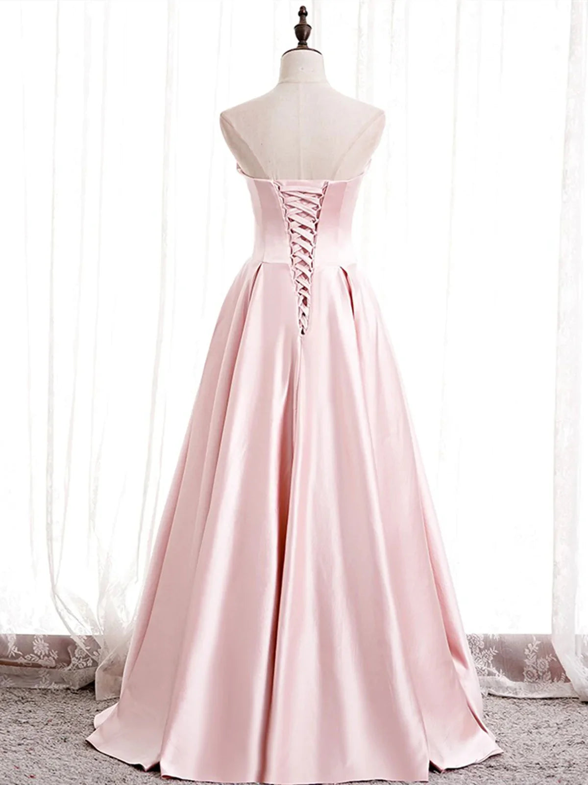 Elegant A Line Strapless Pink Satin Long Prom Dress Party Dress DP977
