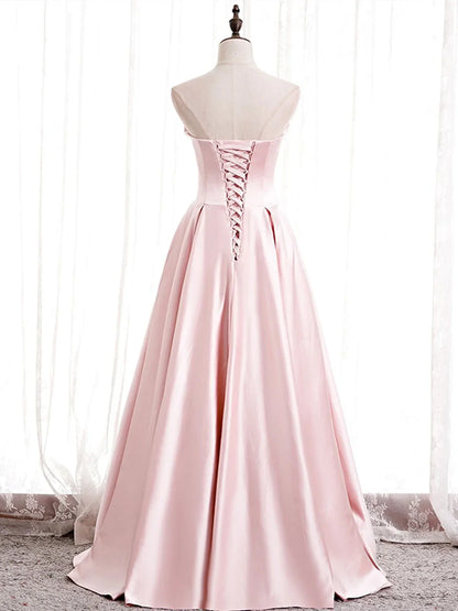 Elegant A Line Strapless Pink Satin Long Prom Dress Party Dress DP977