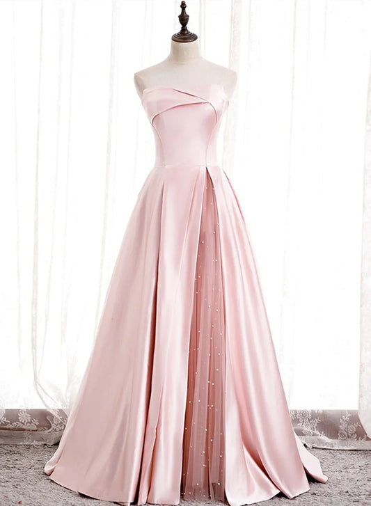 Elegant A Line Strapless Pink Satin Long Prom Dress Party Dress DP977