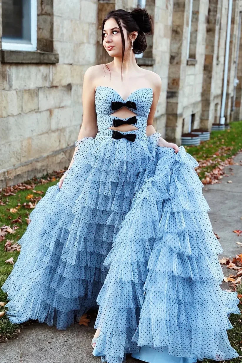 Stunning Blue A Line Sweetheart Neck Layered Tulle Evening Dress Prom Dress DP7652