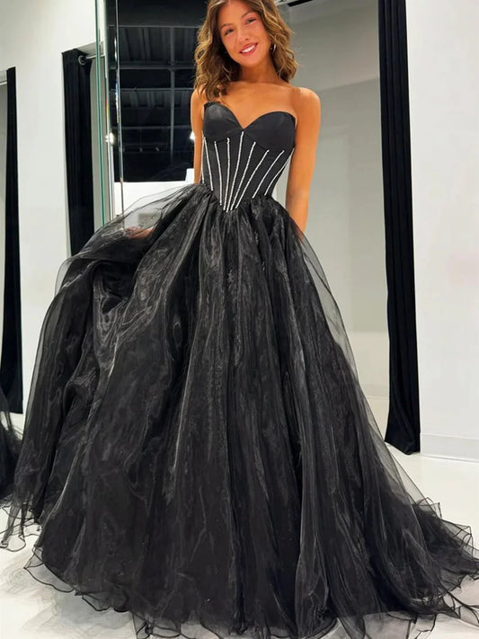 Strapless Sweetheart Neck Black Tulle Long Prom Dresses Evening Dresses DP1078