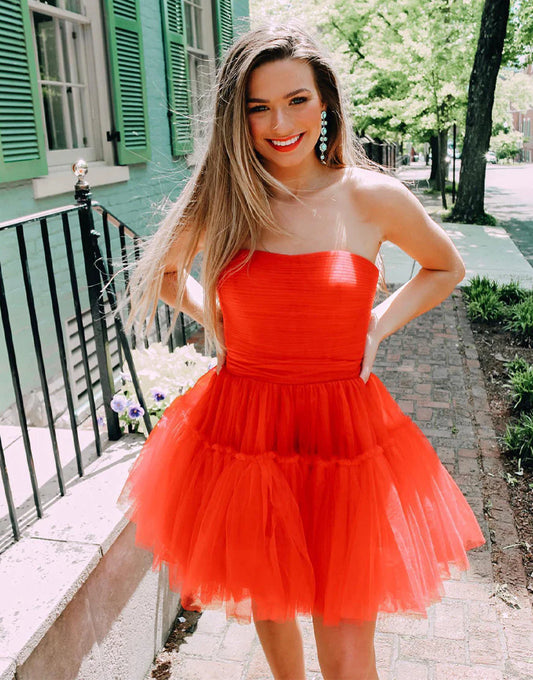 Simple A Line Strapless Red Tulle Short Homecoming Dress DP1047