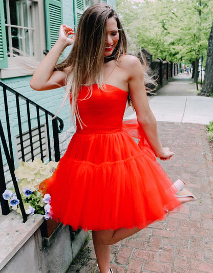 Simple A Line Strapless Red Tulle Short Homecoming Dress DP1047