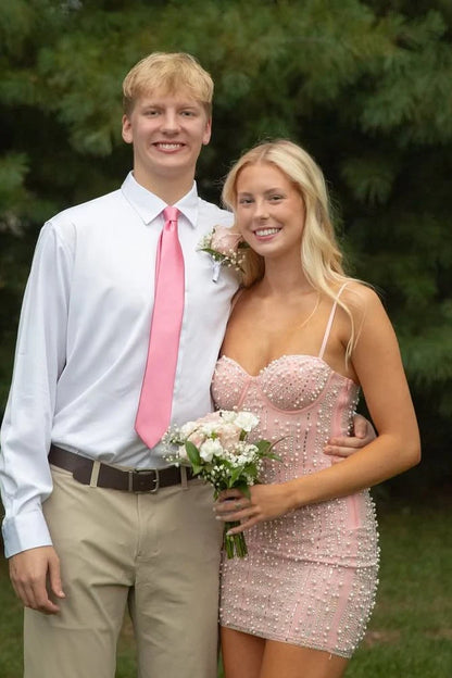 Stunning Pink Straps Sequins With Pearls Tight Homecoming Dress DP7103