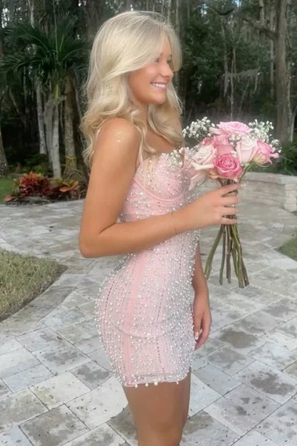 Stunning Pink Straps Sequins With Pearls Tight Homecoming Dress DP7103